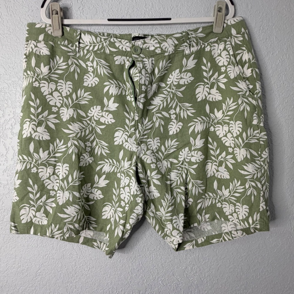 Saks Fifth Avenue Mens Green Tropical Monstera Linen Blend Shorts Size 38